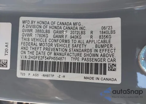 2023 Honda Civic Sport from USA, damaged, VIN 2HGFE2F54PH554871